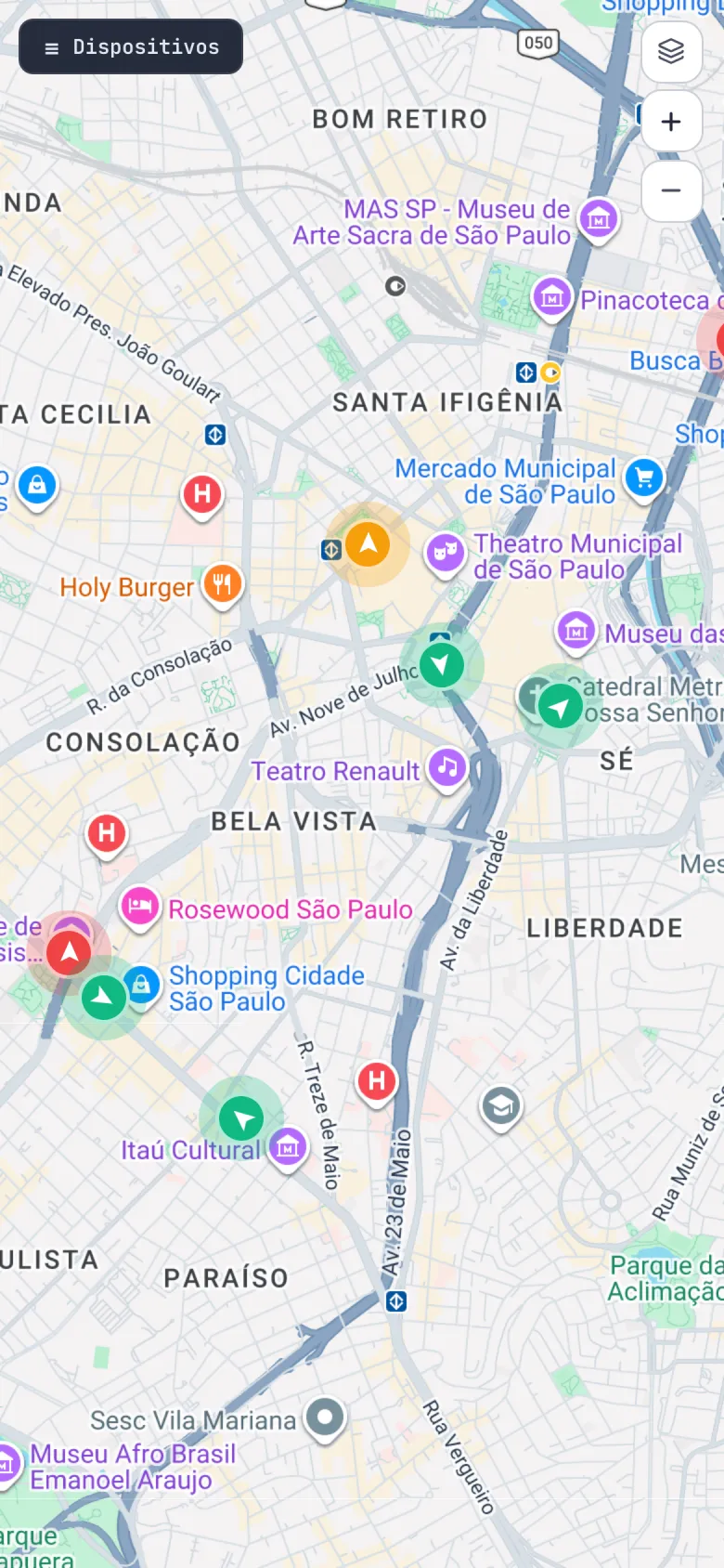 Mapa da plataforma no celular, na demo pública com dados fictícios